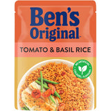 Bens Original Tomato & Basil Microwave Rice, ready in 90 seconds, made with natural ingredients for a quick flavorful meal.