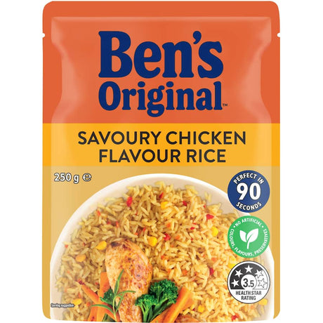 Bens Original Microwave Rice Chicken Flavour: Wholesome chicken-flavored rice with vegetables, ready in 90 seconds.