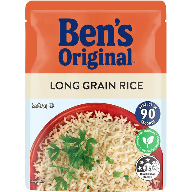 Bens Original Microwave Rice Long Grain, quick and flavorful rice perfect for pairing with various dishes.