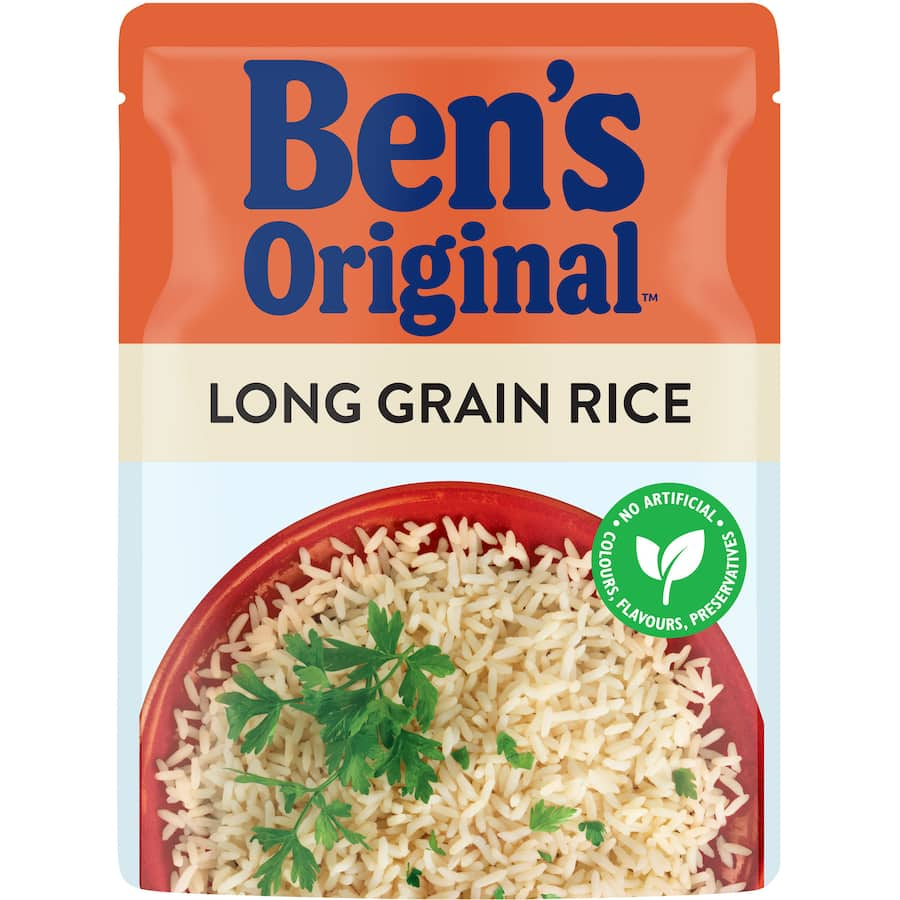 Convenient Ben's Original Long Grain Microwave Rice, perfect for quick meals with chicken, beef, or vegetables.