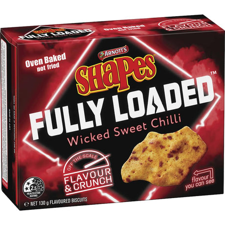 Arnott's Shapes Fully Loaded Crackers in Wicked Sweet Chilli, featuring bold flavors and satisfying crunch for perfectly baked snacking.