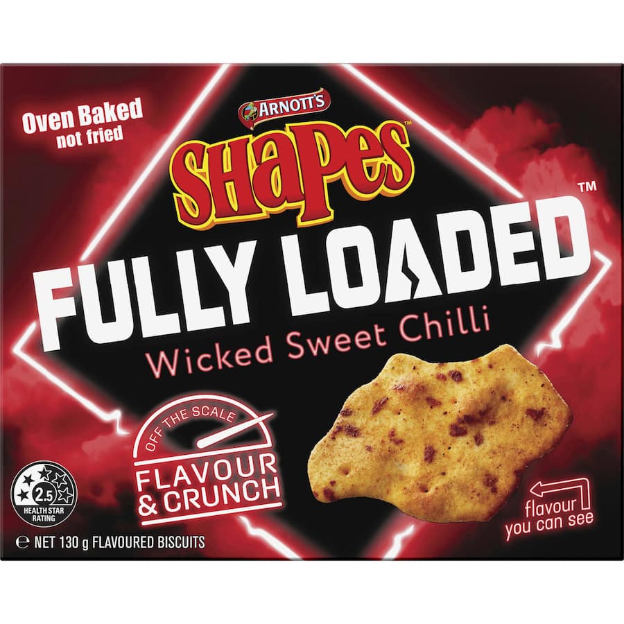 Oven-baked Arnott's Shapes Fully Loaded Crackers featuring bold Wicked Sweet Chilli flavor and satisfying crunch.