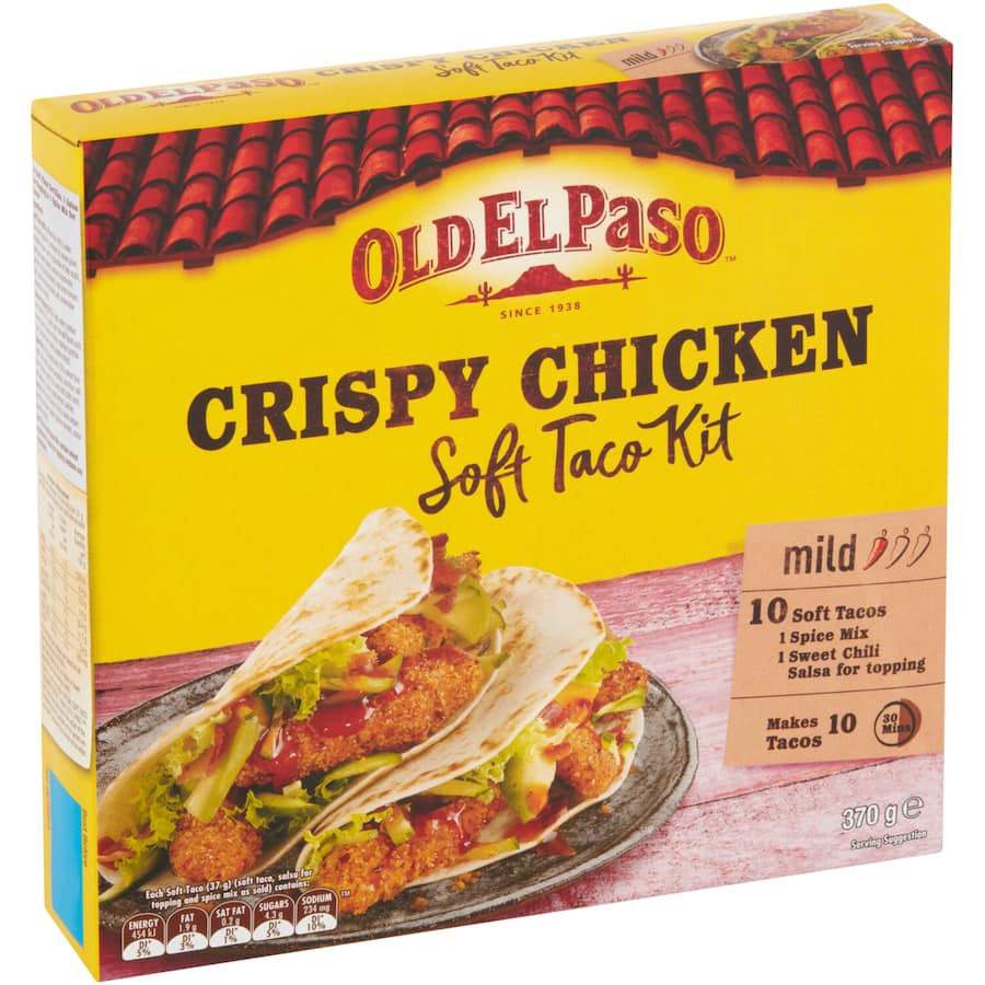 Old El Paso Mexican Soft Taco Kit with crispy chicken, mini tortillas, spice mix, and sweet chili sauce for quick meals.