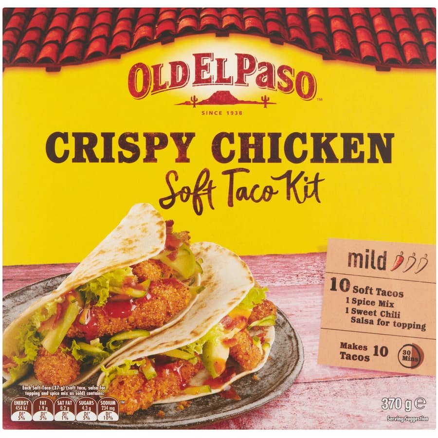 Old El Paso Mexican Soft Taco Kit featuring mini tortillas, crispy chicken spice mix, and sweet chili sauce for easy dinners.