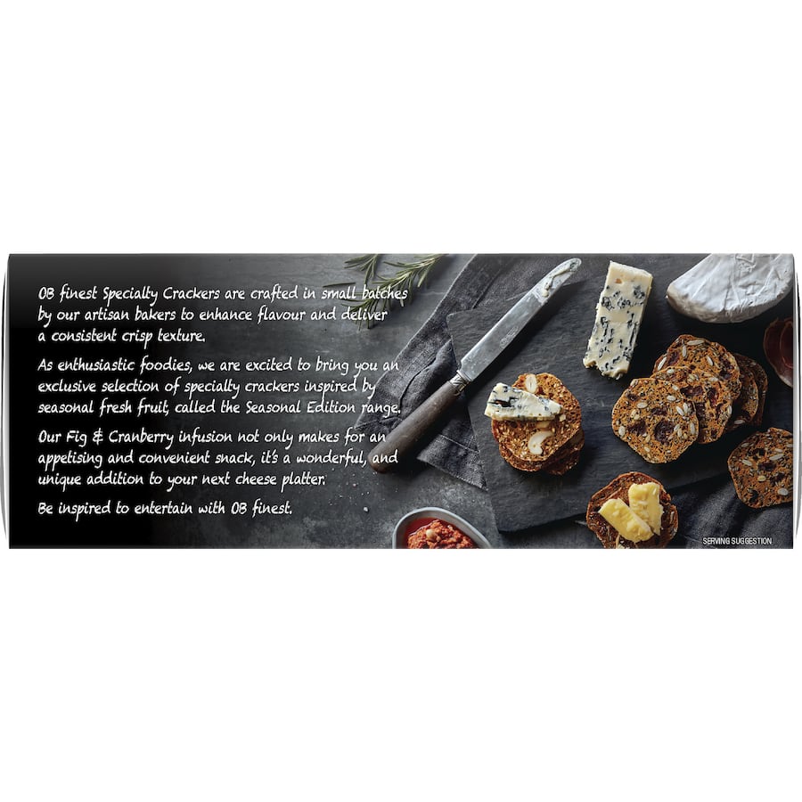 Elegant Ob Finest Seasoned Crackers with fig and cranberry, perfect for festive occasions and cheese pairings.