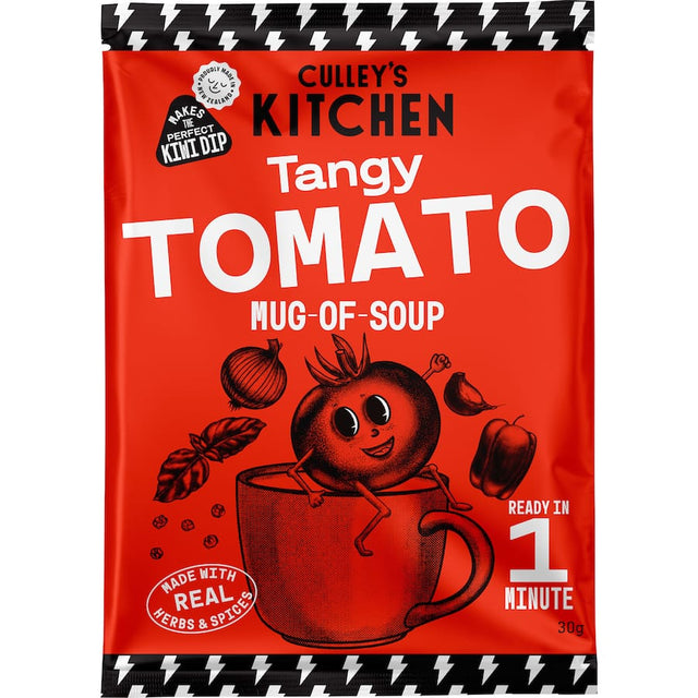 Culley's Soup Tangy Tomato in a bowl, showcasing rich color and texture, perfect for a quick, delicious meal.