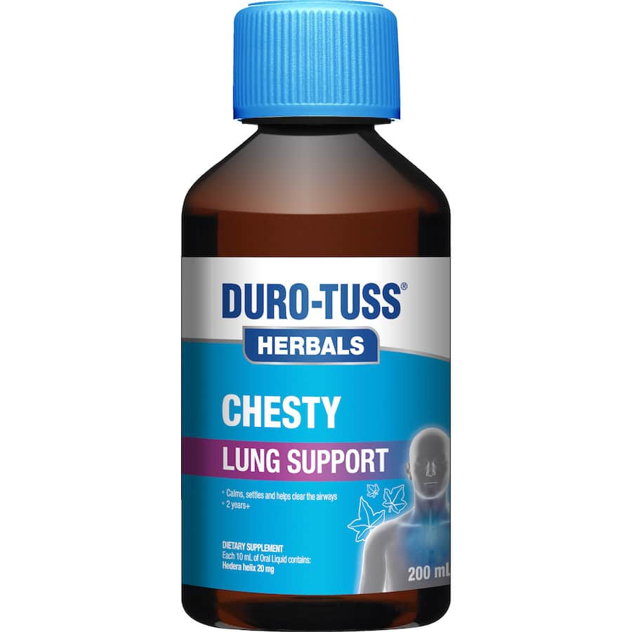 Duro-tuss Herbals Chesty Lung Support syrup for kids, combining Ivy extract with Blackberry & Vanilla flavor for gentle relief.