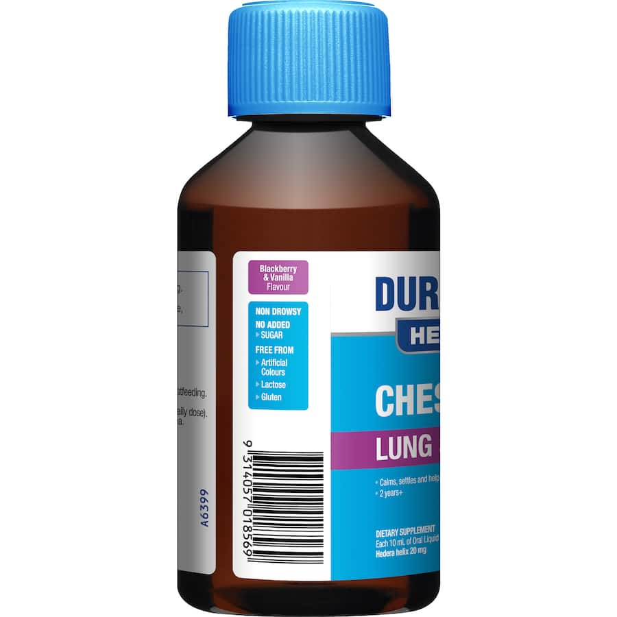 Duro-tuss Herbals Chesty Lung Support: herbal syrup with Ivy for chest congestion, safe for kids, delicious Blackberry & Vanilla flavor.