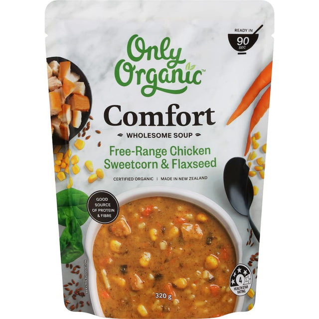 A bowl of Only Organic Comfort Soup featuring free-range chicken and sweetcorn, rich and creamy for a nutritious meal.