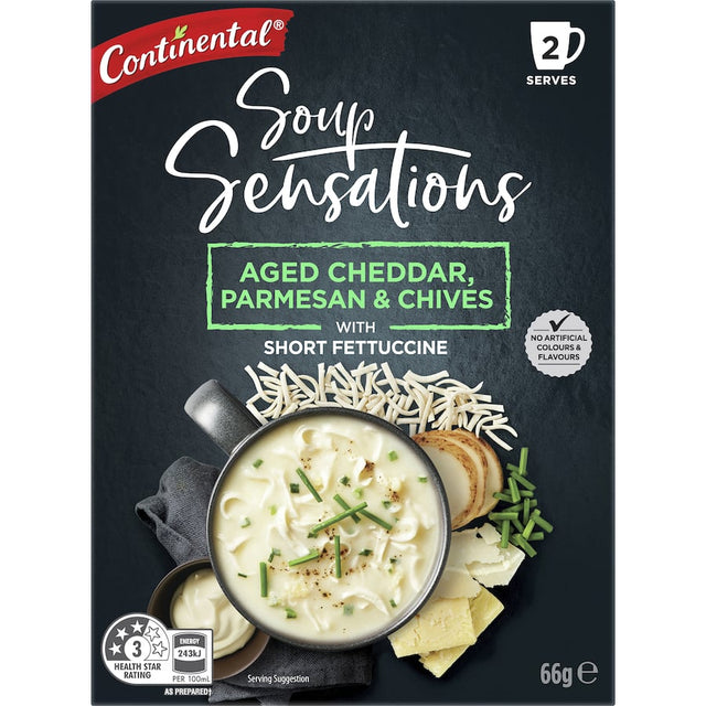 Bowl of Continental Sensations Instant Soup Aged Parmesan Cheddar, showcasing creamy texture and rich flavor.