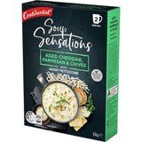 Continental Sensations Aged Parmesan Cheddar Instant Soup, a rich and creamy blend, ready in minutes for a gourmet meal.