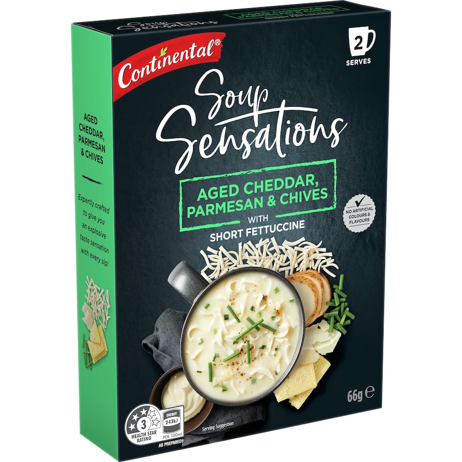 Delicious Continental Sensations Instant Soup featuring aged parmesan and cheddar, ready in minutes for a hearty meal.