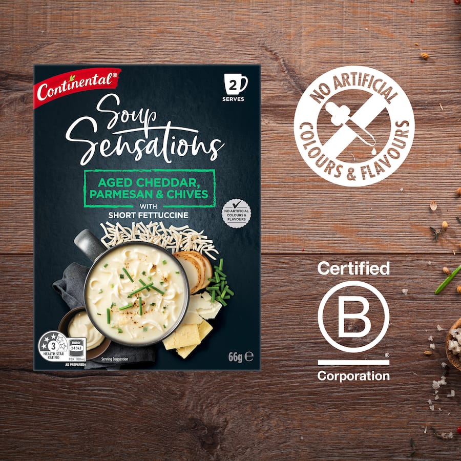 Bowl of Continental Sensations Instant Soup featuring rich aged parmesan and cheddar, ready in minutes for a tasty meal.