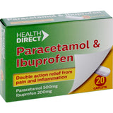 Health Direct Paracetamol 500mg & Ibuprofen 200mg Tablets, dual-action pain relief for headaches, fevers, and muscle pain.