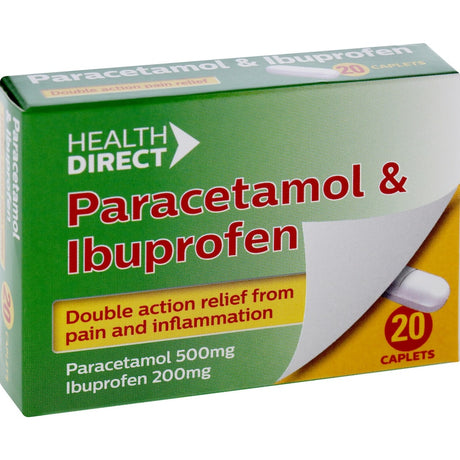 Health Direct Paracetamol 500mg & Ibuprofen 200mg Tablets, dual-action pain relief for headaches, fevers, and muscle pain.