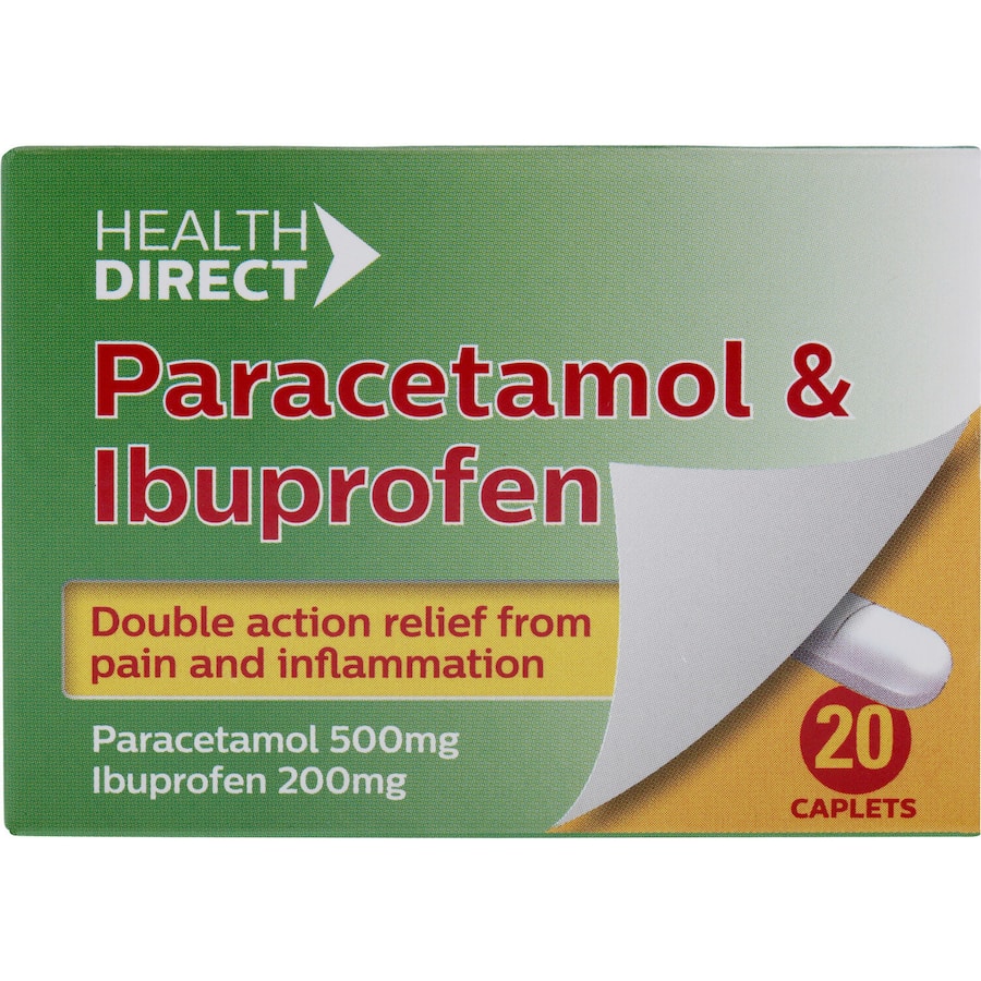 Health Direct Paracetamol 500mg & Ibuprofen 200mg Tablets for fast, dual-action pain and fever relief, suitable for ages 12 and up.