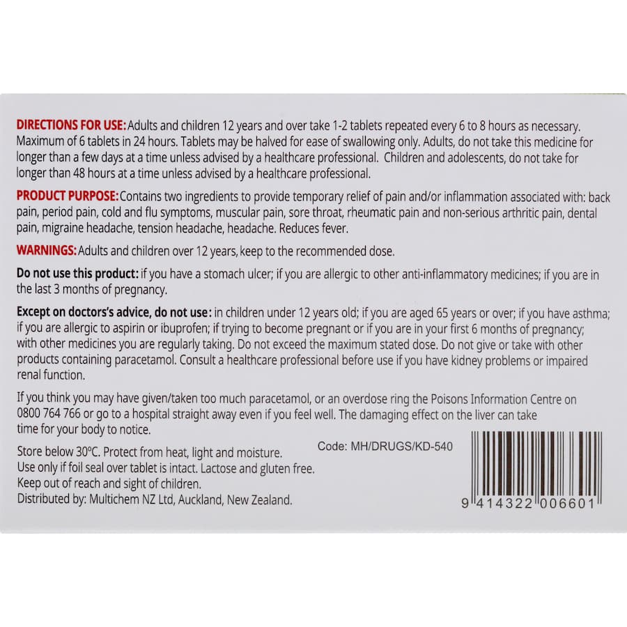 Dual-action Health Direct Paracetamol 500mg & Ibuprofen 200mg Tablets for fast relief from pain and fever.