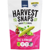 Harvest Snaps Pea Crisps in a resealable bag, showcasing a crunchy, guilt-free snack with tangy salt and vinegar flavor.