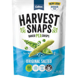 Crispy, baked Harvest Snaps Pea Crisps Original Salted, high in protein and fiber, gluten-free savory snack option.