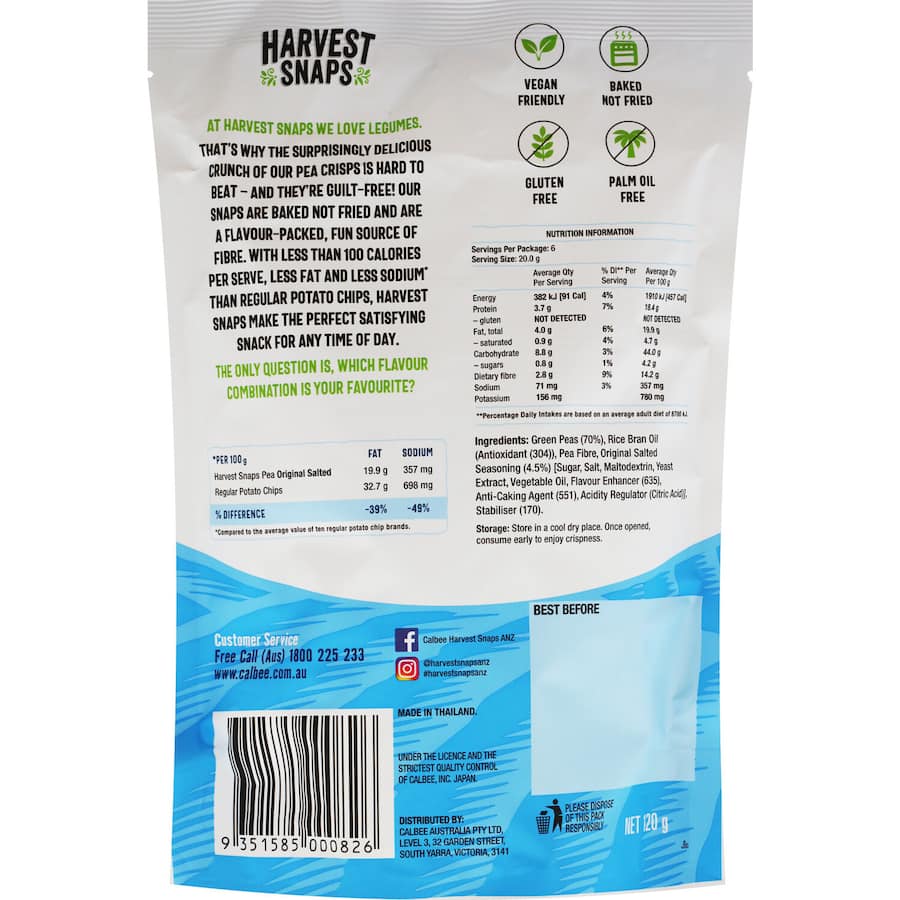 Harvest Snaps Pea Crisps Original Salted: crunchy, gluten-free snacks made from baked green peas, high in protein and fiber.