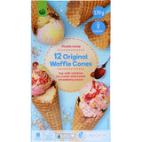 Plain waffle ice cream cones in a 12-pack, sweet and crunchy, perfect for filling with your favorite flavors.