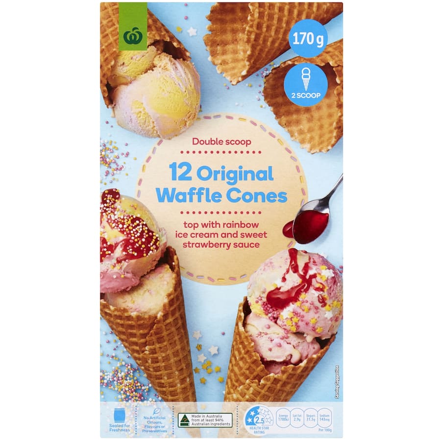 Plain waffle ice cream cones from Woolworths, sweet, crunchy, and perfect for filling with your favorite ice cream flavors.