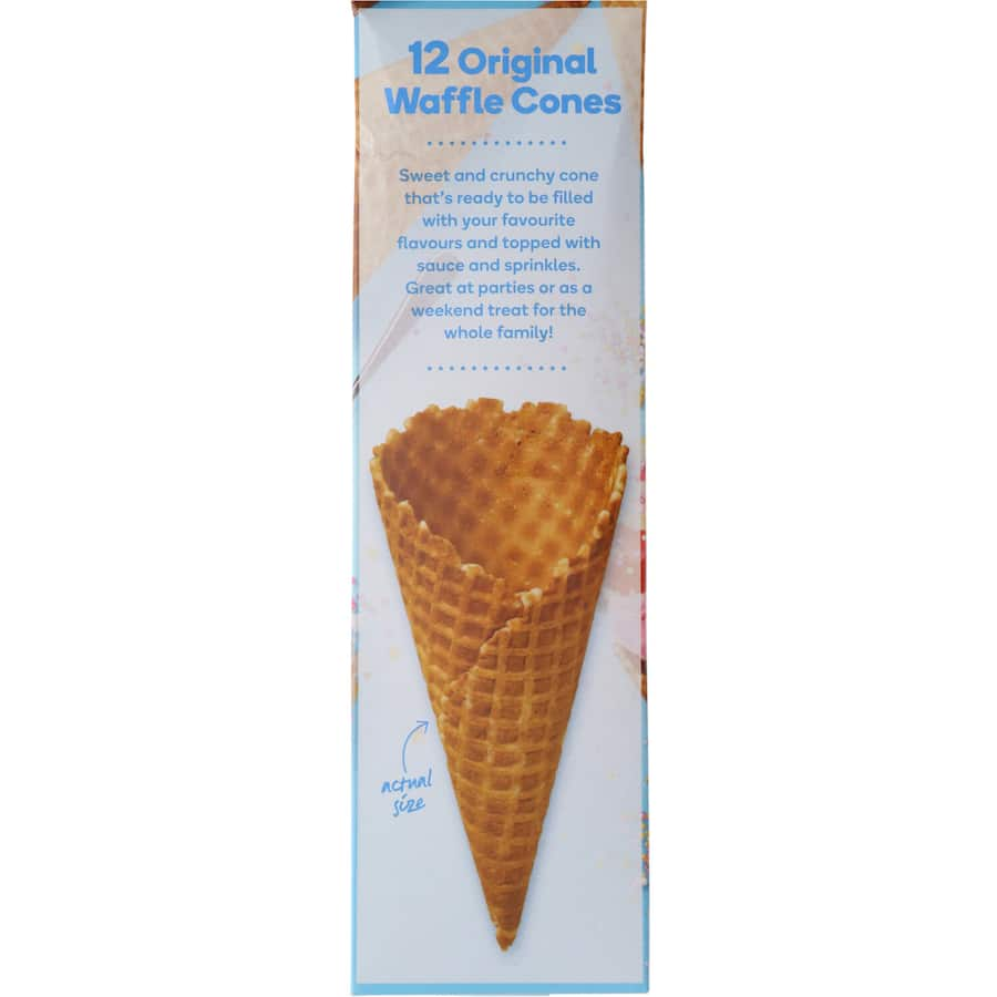 Plain waffle ice cream cones from Woolworths, 12 pack, sweet and crunchy, no artificial ingredients, perfect for parties.