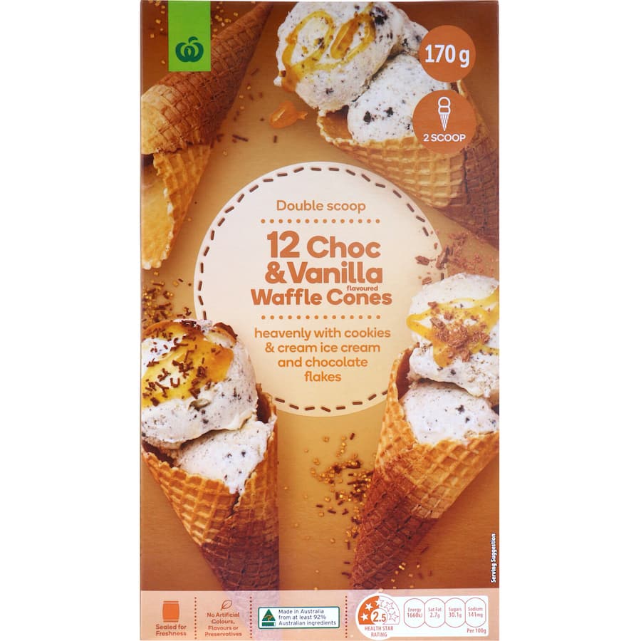 Woolworths Vanilla Choc Duo Waffle Ice Cream Cones, crispy waffles filled with rich vanilla and chocolate, 170g pack.