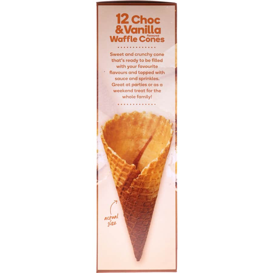 Woolworths Vanilla Choc Duo Waffle Ice Cream Cones, crispy, indulgent, and perfect for topping with favorite flavors.