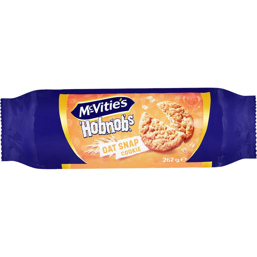 Crunchy McVities Hobnobs Oat Snap cookies with oats and honey, perfect for snacking with tea or coffee.