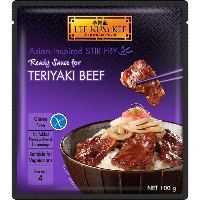 Lee Kum Kee Teriyaki Beef Recipe Base bottle showcasing rich, sweet-savory sauce for easy Asian cooking and marinating.