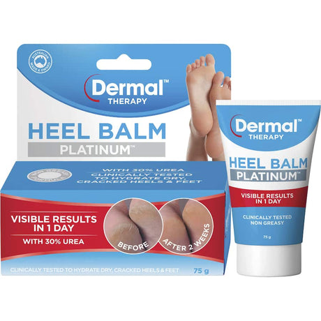 Hydrating Dermal Therapy Heel Balm Platinum for intensely nourishing and restoring cracked, dry heels. Non-greasy, quick-absorbing formula.