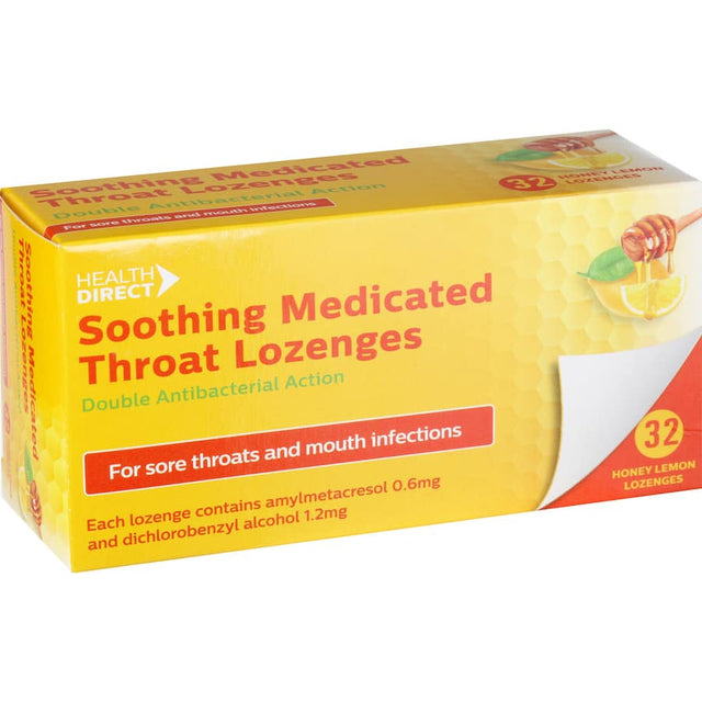 Health Direct Soothing Med Lozenges for throat comfort, cough relief, and respiratory support with natural ingredients.