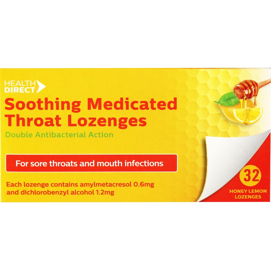 Health Direct Soothing Med Lozenges provide fast relief for sore throats and coughs, featuring natural ingredients for comfort.