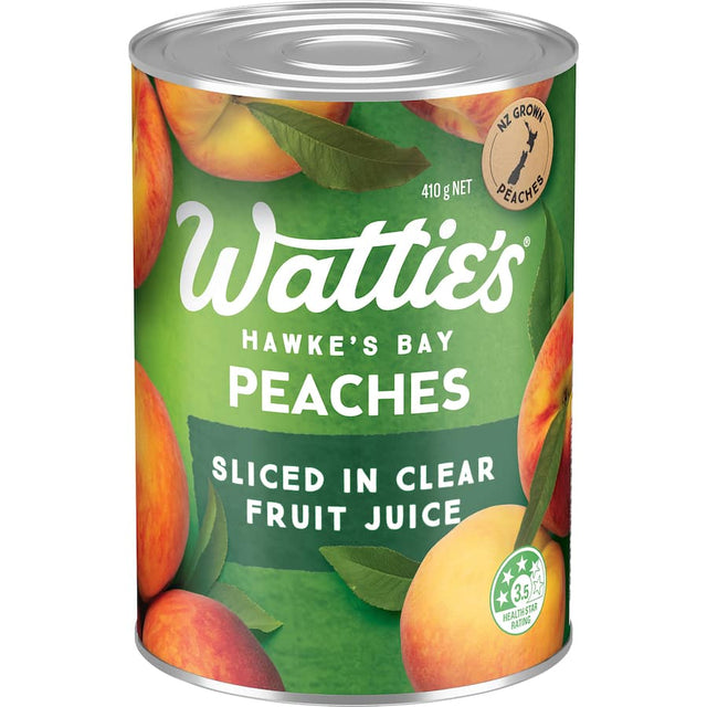 Wattie's sliced peaches in clear juice, made from premium NZ peaches, ideal for baking, snacks, and smoothies.