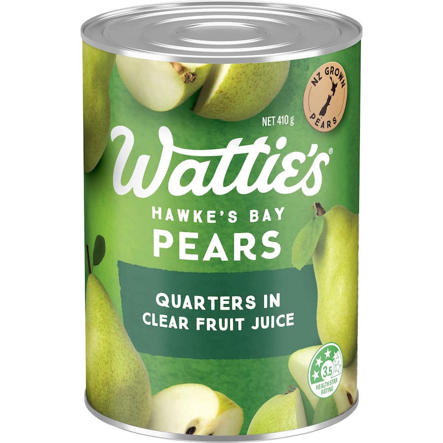 Wattie's Pear Quarters in clear juice, featuring succulent New Zealand pears, ideal for snacks or baking, with no preservatives.