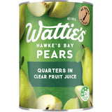 Wattie's Pear Quarters in Clear Juice, featuring juicy NZ-grown pears in natural juice, perfect for snacks or baking.