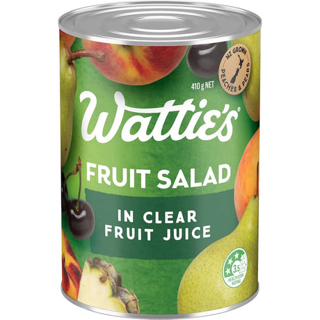 Wattie's Fruit Salad in Clear Juice features NZ peaches, pears, pineapple, and cherries, packed in a recyclable can, no preservatives.