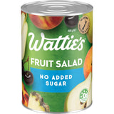 Wattie's no sugar fruit salad featuring peaches, pears, cherries, and pineapple in a recyclable can for guilt-free snacking.