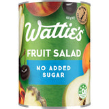 Wattie's Fruit Salad No Added Sugar in a can, featuring New Zealand peaches, pears, cherries, and pineapple for a healthy snack.