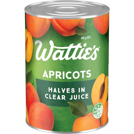 Canned Wattie’s apricot halves in clear juice, perfect for snacking, desserts, and healthy meal additions.