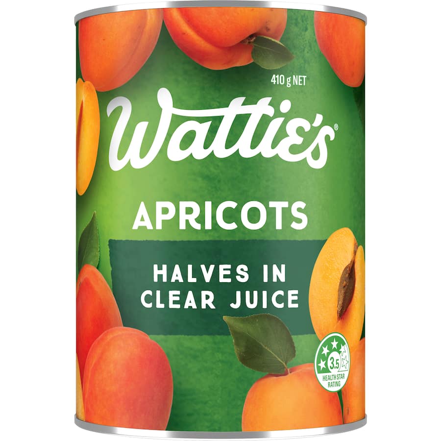 Wattie's Apricot Halves in Clear Juice, delicious canned fruit with no preservatives, perfect for snacks or desserts.