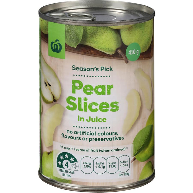 Woolworths Pear Slices in Juice, ready-to-use, gluten-free fruit slices packed in natural juice, perfect for snacks and recipes.