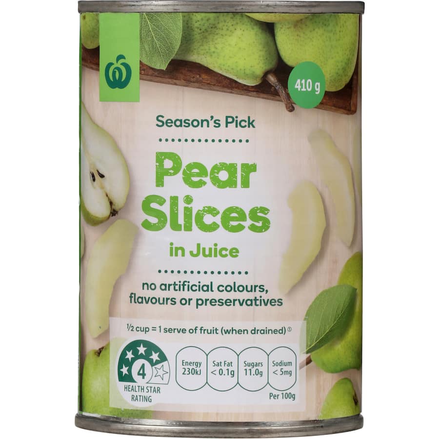 Delicious Woolworths pear slices in juice, perfect for snacks, desserts, and adding natural sweetness to meals.