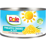 Dole Pineapple Crushed In Juice, a versatile tropical fruit for smoothies, salsas, and desserts, packed in luscious juice.