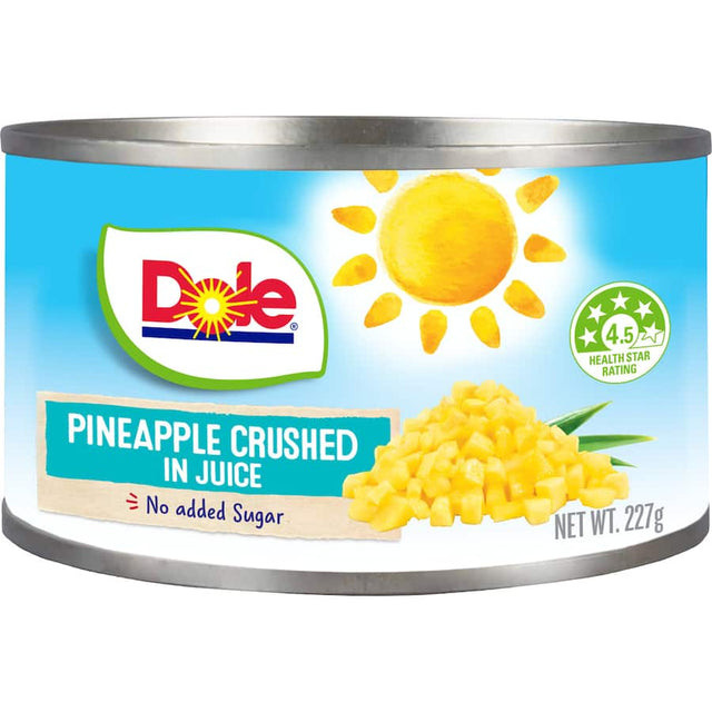 Dole Pineapple Crushed In Juice, a versatile tropical fruit for smoothies, salsas, and desserts, packed in luscious juice.