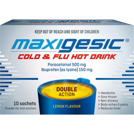 Maxigesic Cold & Flu Hot Lemon Drink packet featuring soothing lemon flavor for relief from cold and flu symptoms.