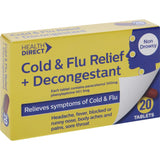 Health Direct Cold & Flu + Decongestant Tablets for fast relief from cold and flu symptoms, including congestion and headaches.