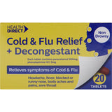 Health Direct Cold & Flu + Decongestant Tablets for fast relief from cold symptoms like congestion, headaches, and body aches.