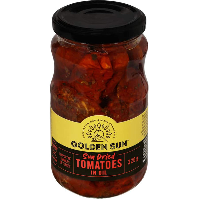 Golden Sun Sundried Tomatoes in oil, ideal for enhancing dishes with rich flavor, gluten-free, packed with nutrients.